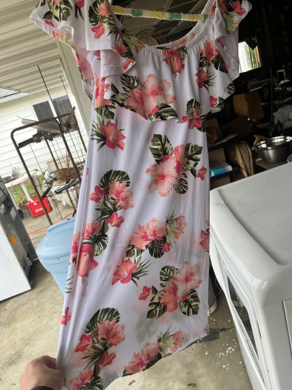 Floral Off-Shoulder Summer Dress - Pink & Green on White